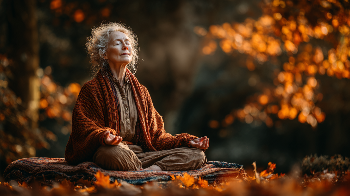 Възрастна жена практикува йога в природна обстановка